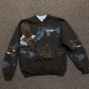 VTG 90s Art Unlimited Alaska USA AOP 50/50 black pullover eagle sweatshirt Small